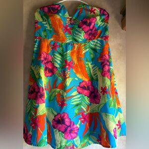Strapless Tropical Floral Dress in Turquoise and Pink